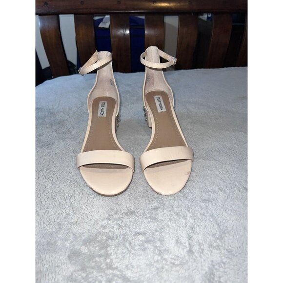 STEVE MADDEN Indie Blush Leather Open Toe Ankle Jeweled Heel Strap Shoes - Picture 5 of 13